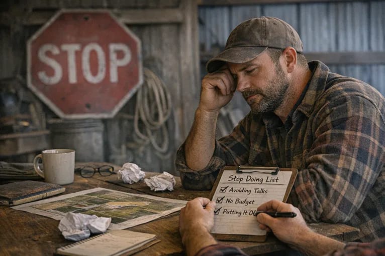 Farmer at a table in the barn with stop sign in background