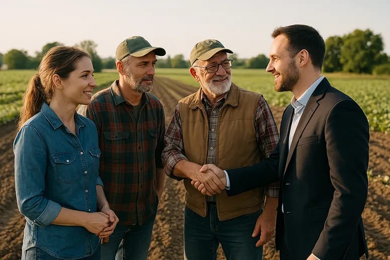 Farmers and a businessman doing business in the field