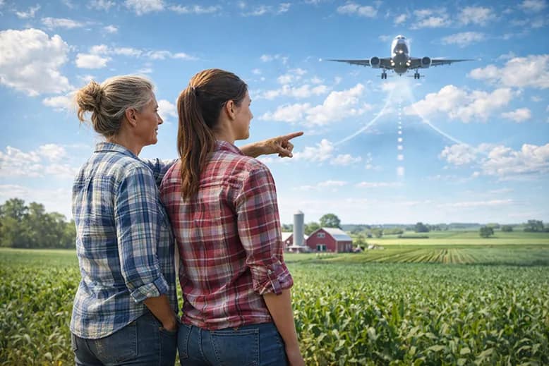 Farmer and her daughter discussing the farm out in the field