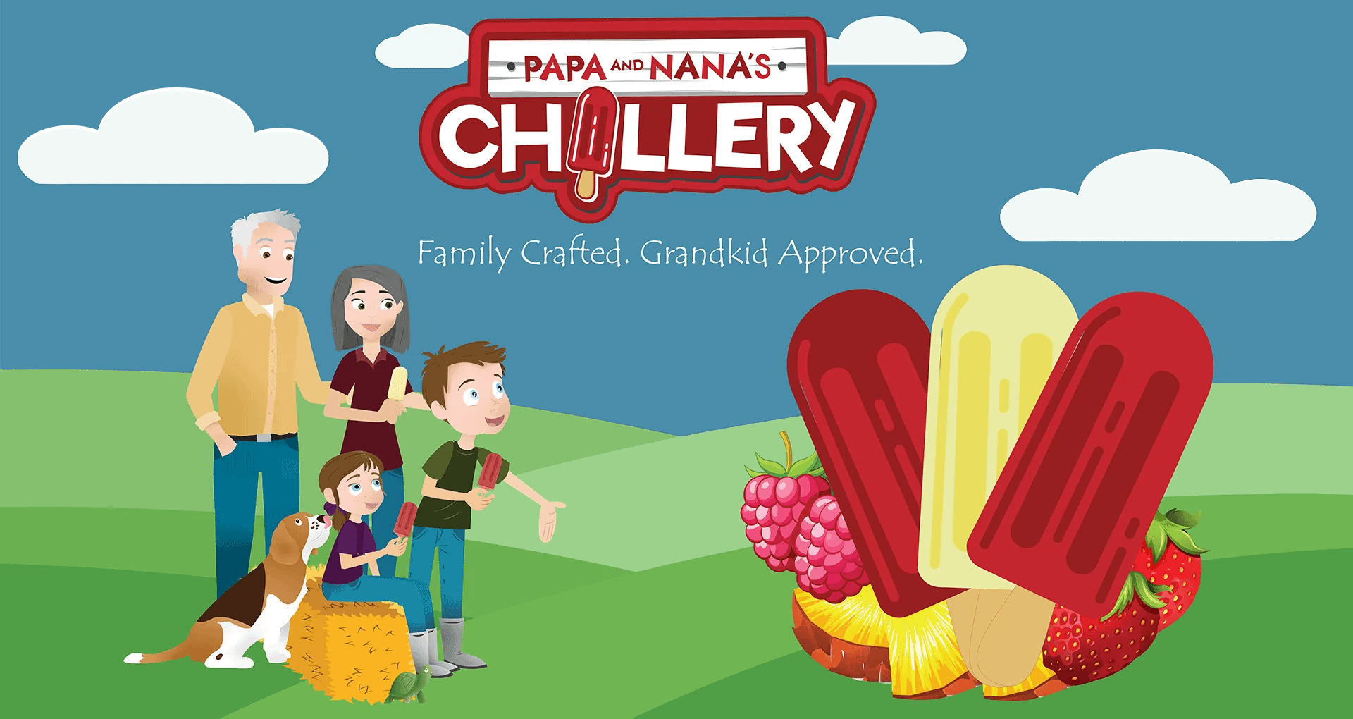 illustrated image of papa, nana, family and popsicles